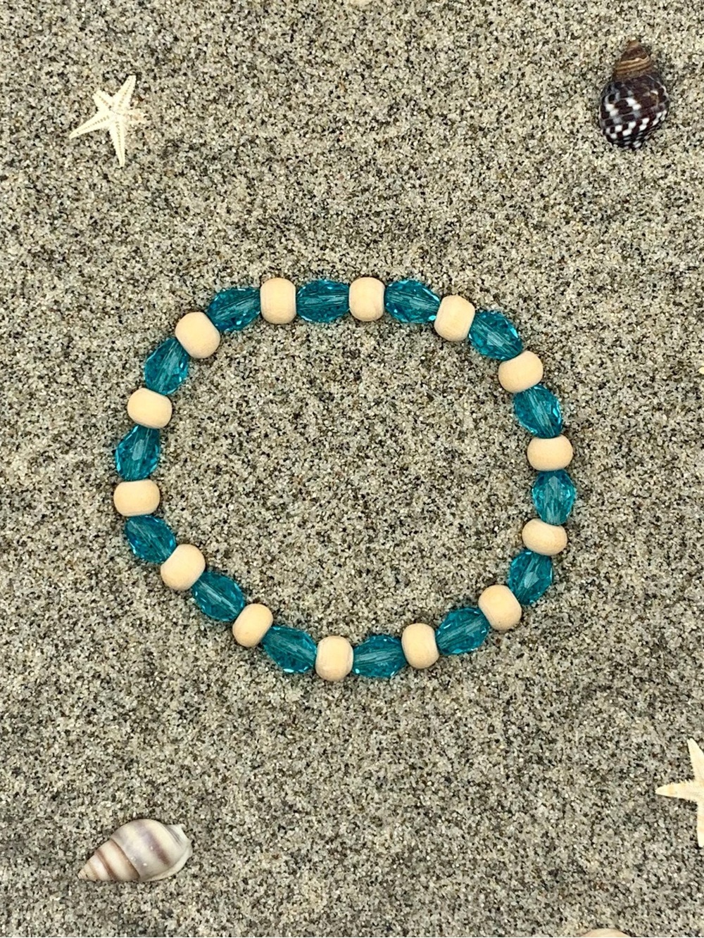 Teal Bead & Cream Wood Stretch Bracelet